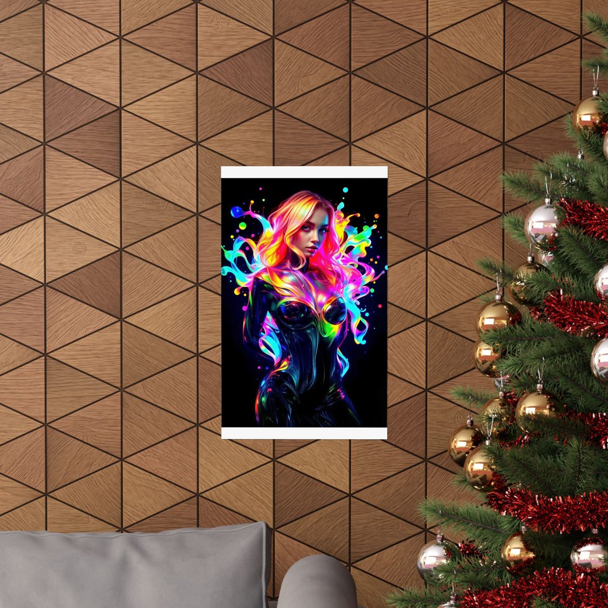 Neon Splash Rainbow Hair Woman Poster Matte Vertical Wall Art