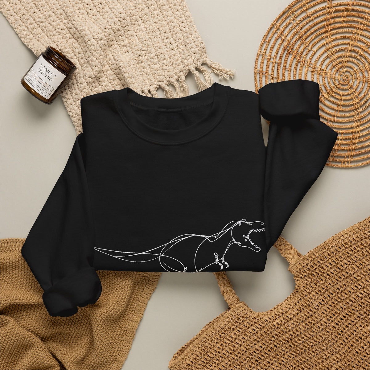 Minimal White Line T-Rex on Black Sweatshirt Simple Dinosaur Sketch