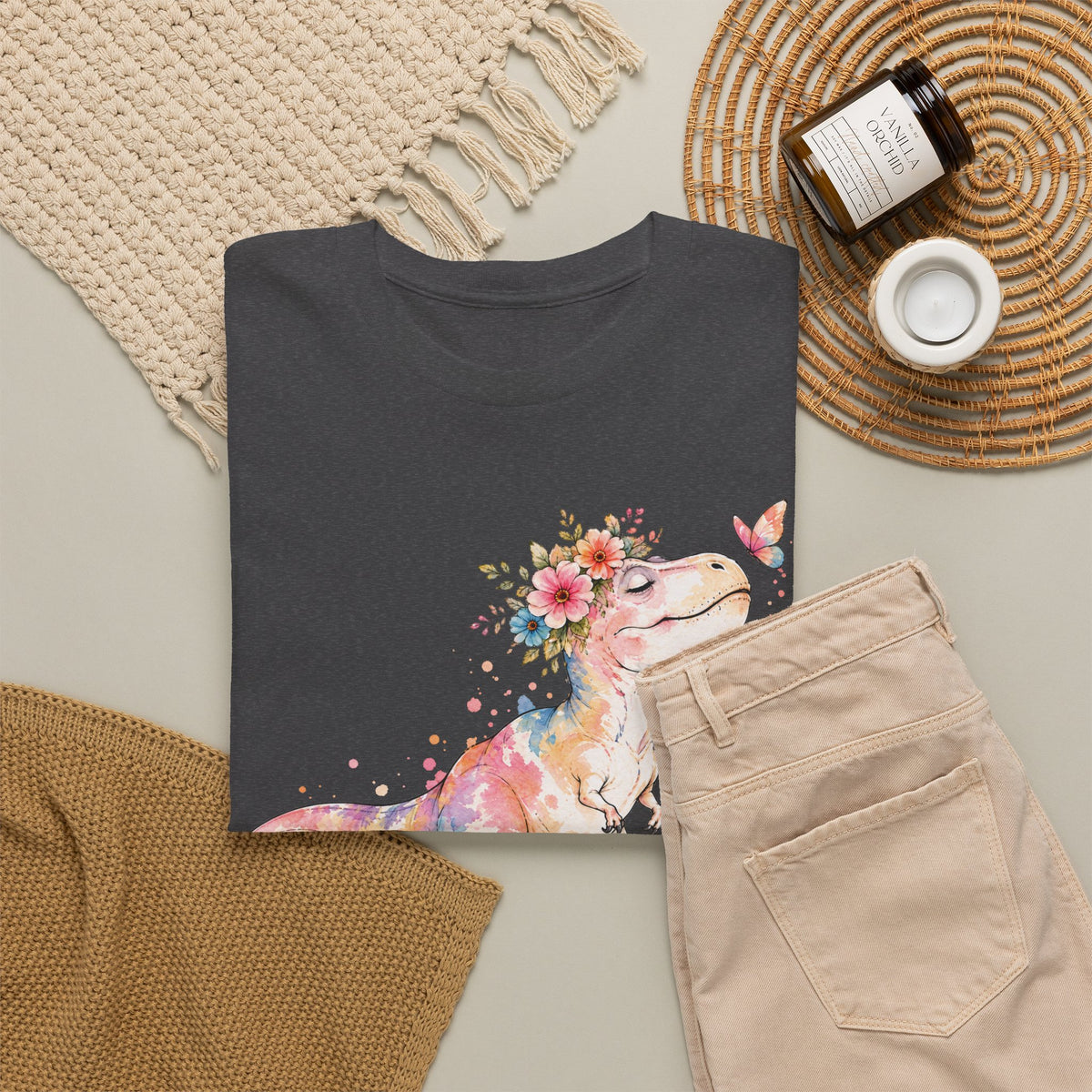 Watercolor T-Rex T-Shirt, Pastel Dinosaur Flower Crown Butterfly Graphic Tee Unisex Cute Dino Shirt