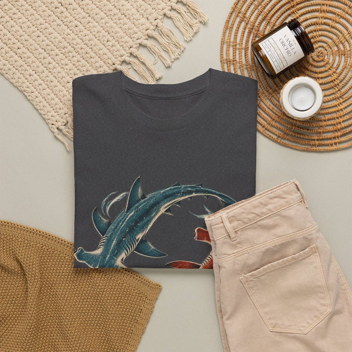 Twin Hammerhead Sharks T-Shirt Teal Orange Yin Yang Ocean Tee