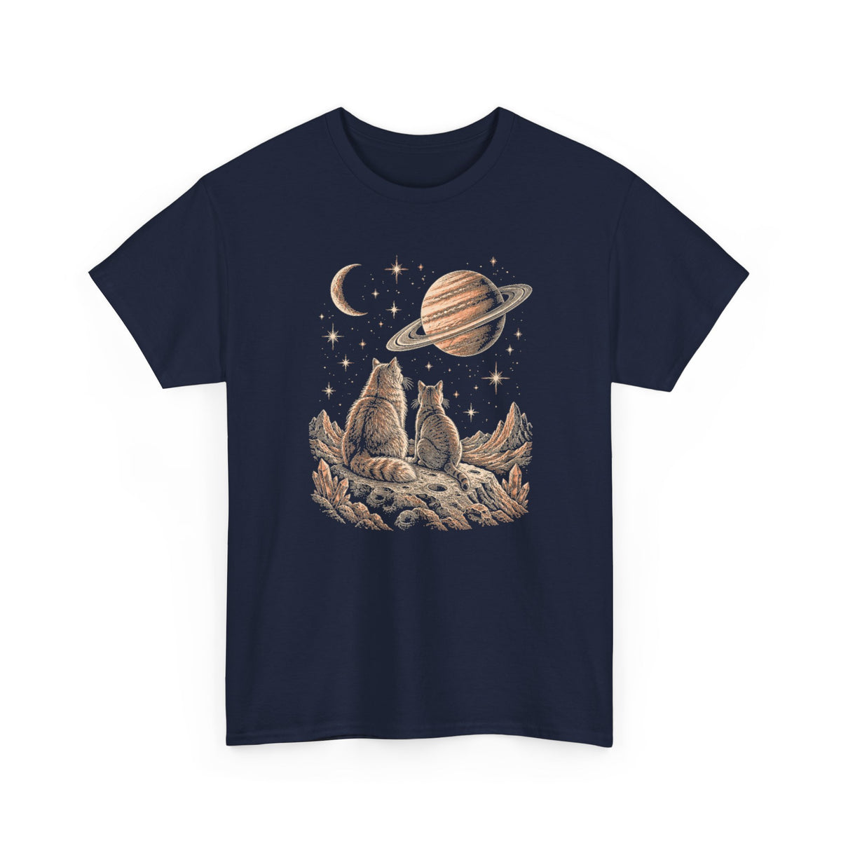 Celestial Space Cats T-Shirt Vintage Woodcut Cats Watching Stars Moon Saturn Tee