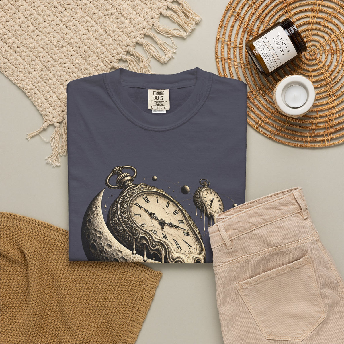 Melting Pocket Watch Crescent Moon Tee Surreal Celestial Time Shirt