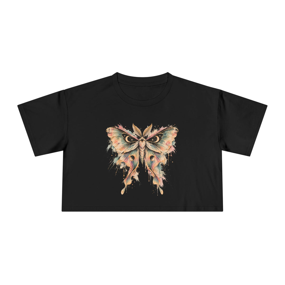 Celestial Luna Moth Crop Tee, Pastel Watercolor Moth Crescent Moon Stars Paint Drip Women's Cropped T-Shirt