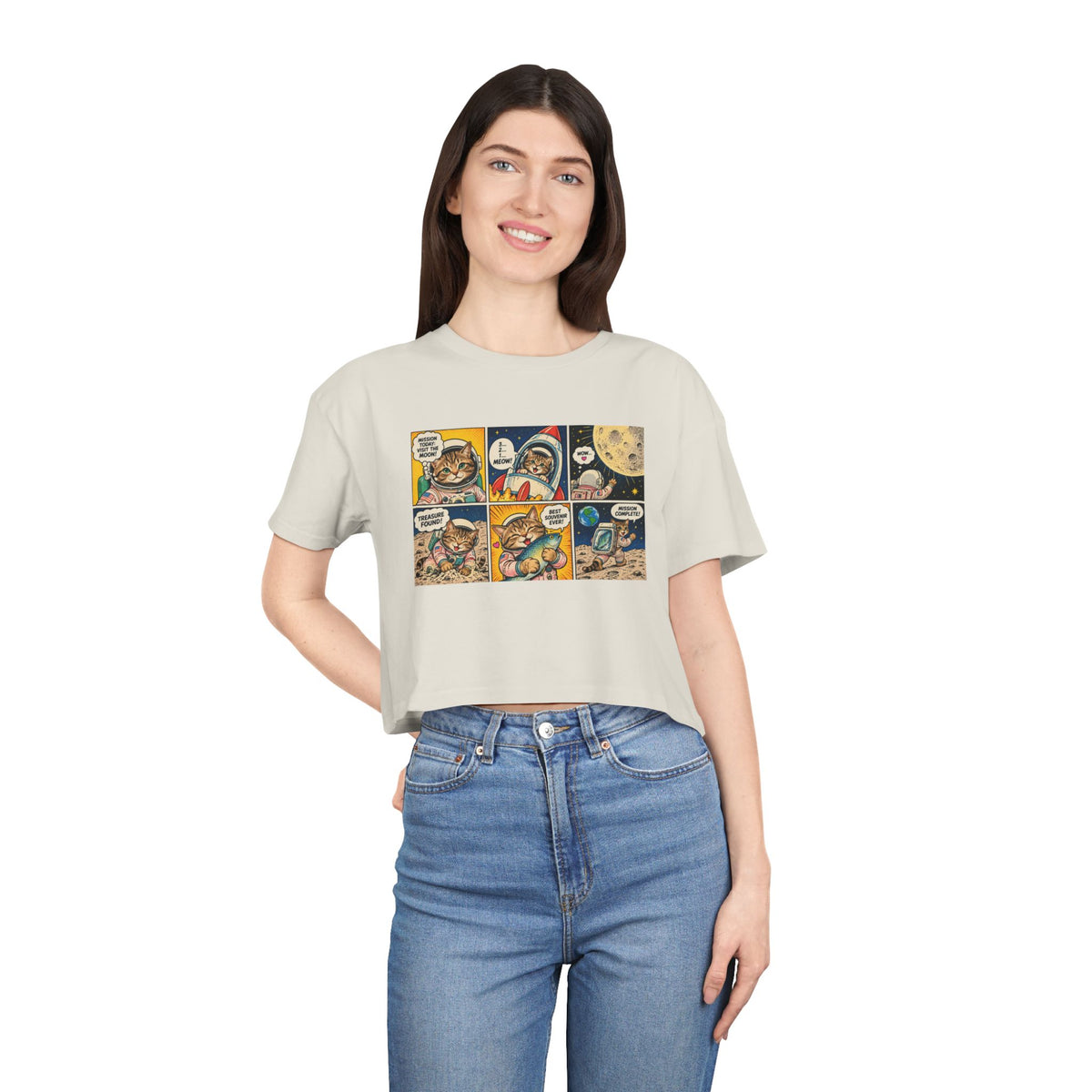 Astronaut Cat Comic Crop Tee, Space Cat Moon Mission Fish Funny Comic Strip Women's Cropped T-Shirt
