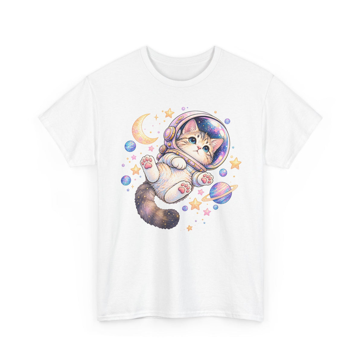Astronaut Kitten T-Shirt, Cute Pastel Space Cat Helmet Moon Planets Stars Graphic Tee Unisex