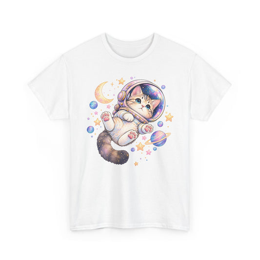 Astronaut Kitten T-Shirt, Cute Pastel Space Cat Helmet Moon Planets Stars Graphic Tee Unisex
