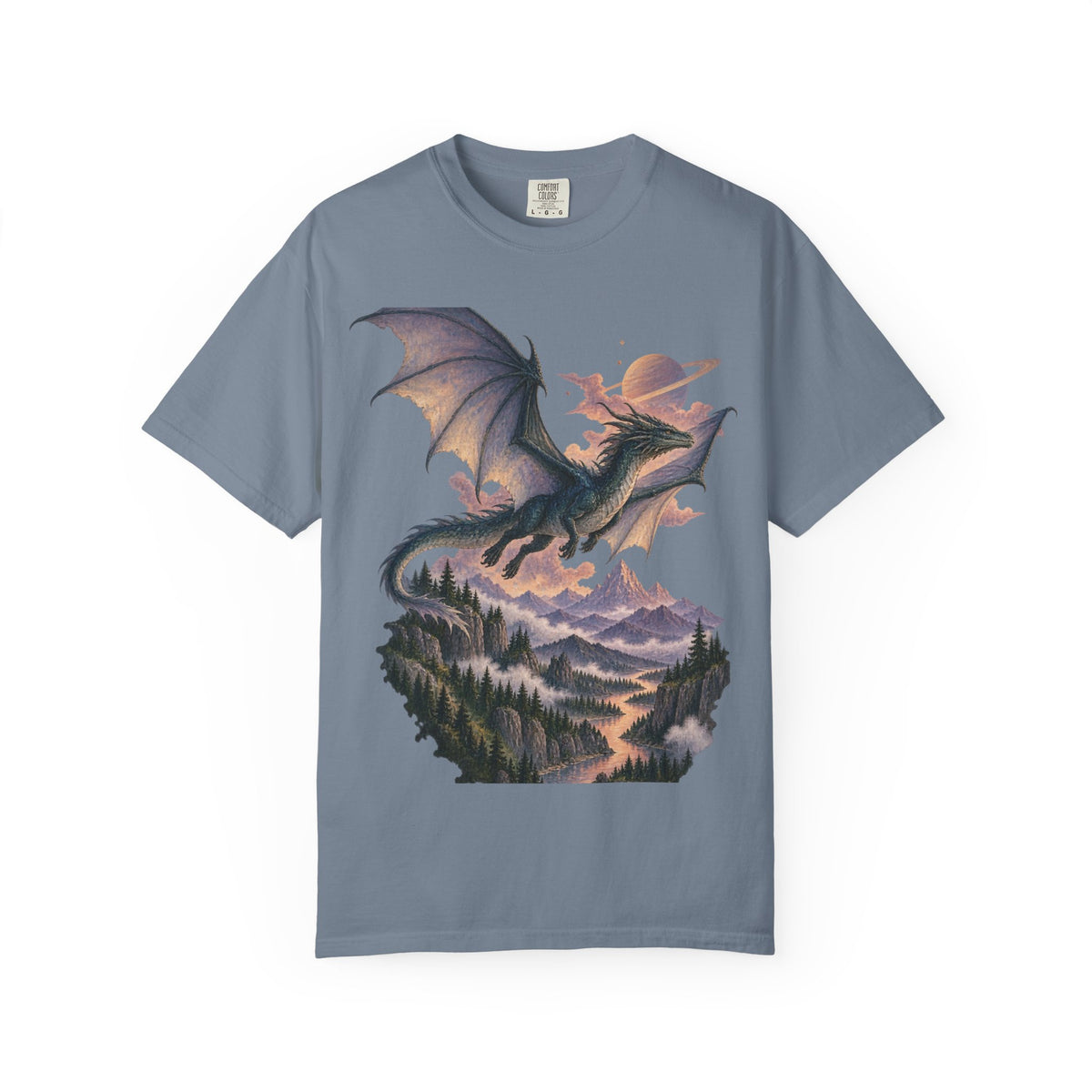 Celestial Dragon Over Forest Tee Fantasy Ringed Planet Mountain Shirt