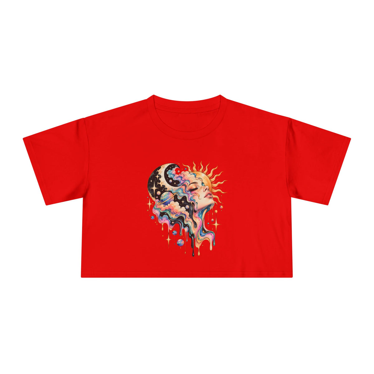 Celestial Sun and Moon Woman Crop Tee, Pastel Cloud Hair Melting Drip Planets Stars Women's Cropped T-Shirt