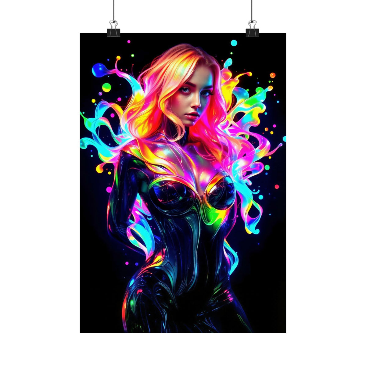 Neon Splash Rainbow Hair Woman Poster Matte Vertical Wall Art