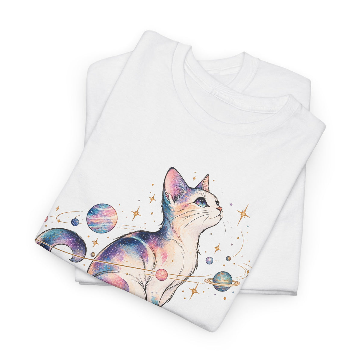 Cosmic Galaxy Cat T-Shirt, Pastel Watercolor Cat Planets Gold Stars Celestial Graphic Tee Unisex