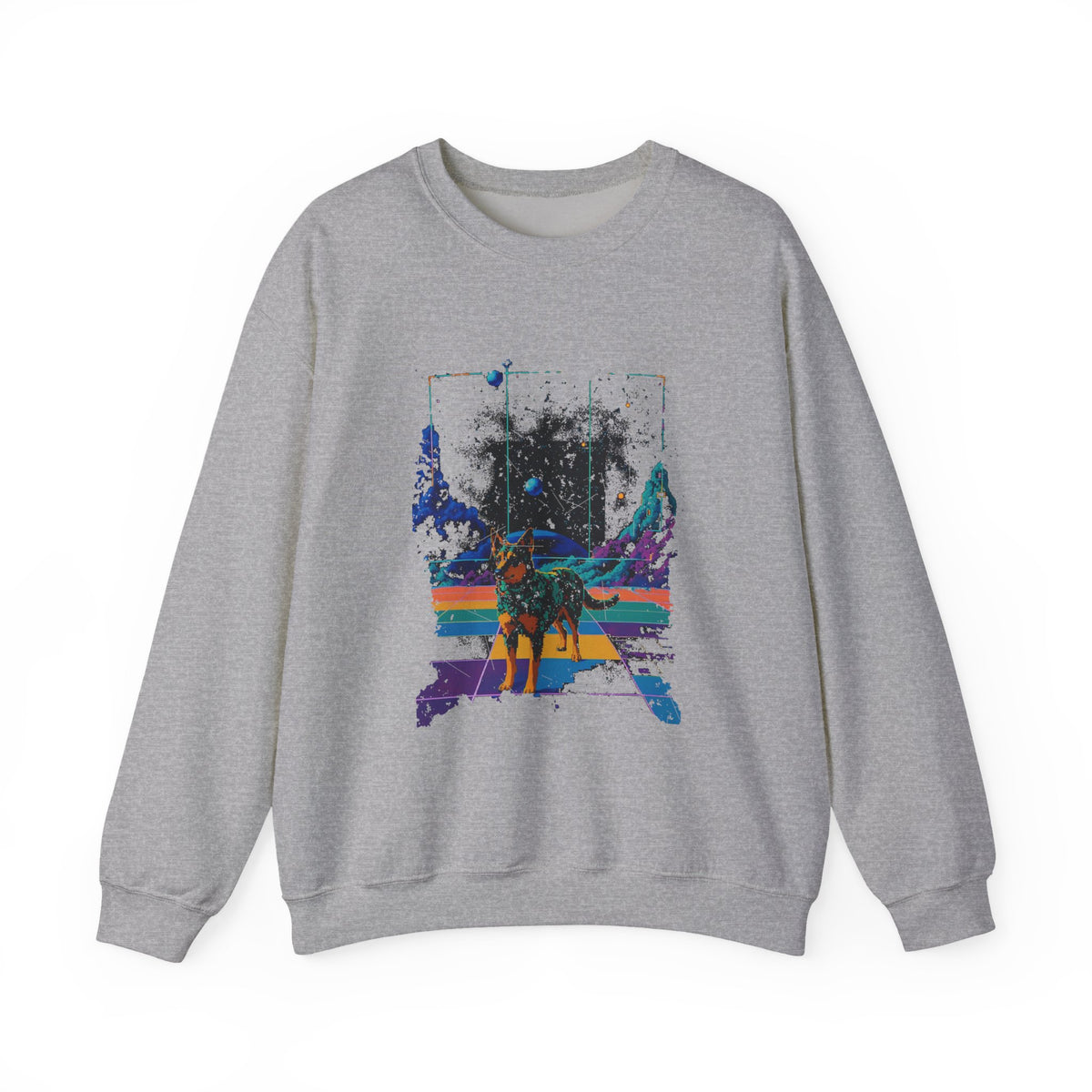 Retro Space Dog Sweatshirt, Distressed Synthwave Galaxy Puppy Crewneck, Rainbow Grid Cosmic Dog Pullover