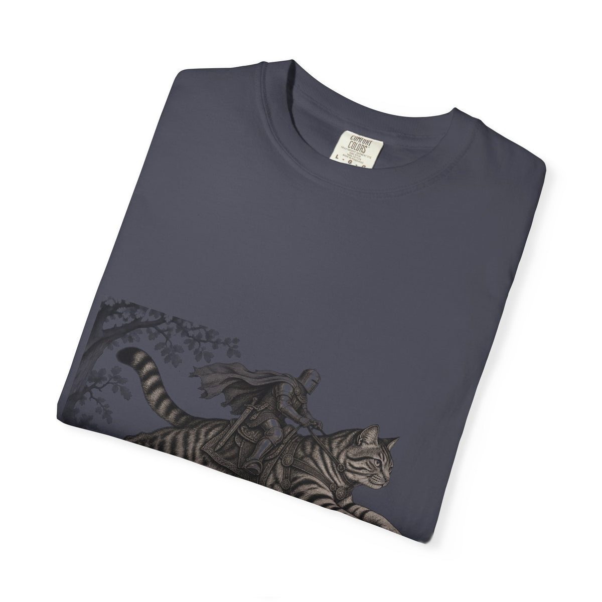 Medieval Knight Riding Leaping Tabby Cat Tee Dark Fantasy Moonlit Cat Shirt