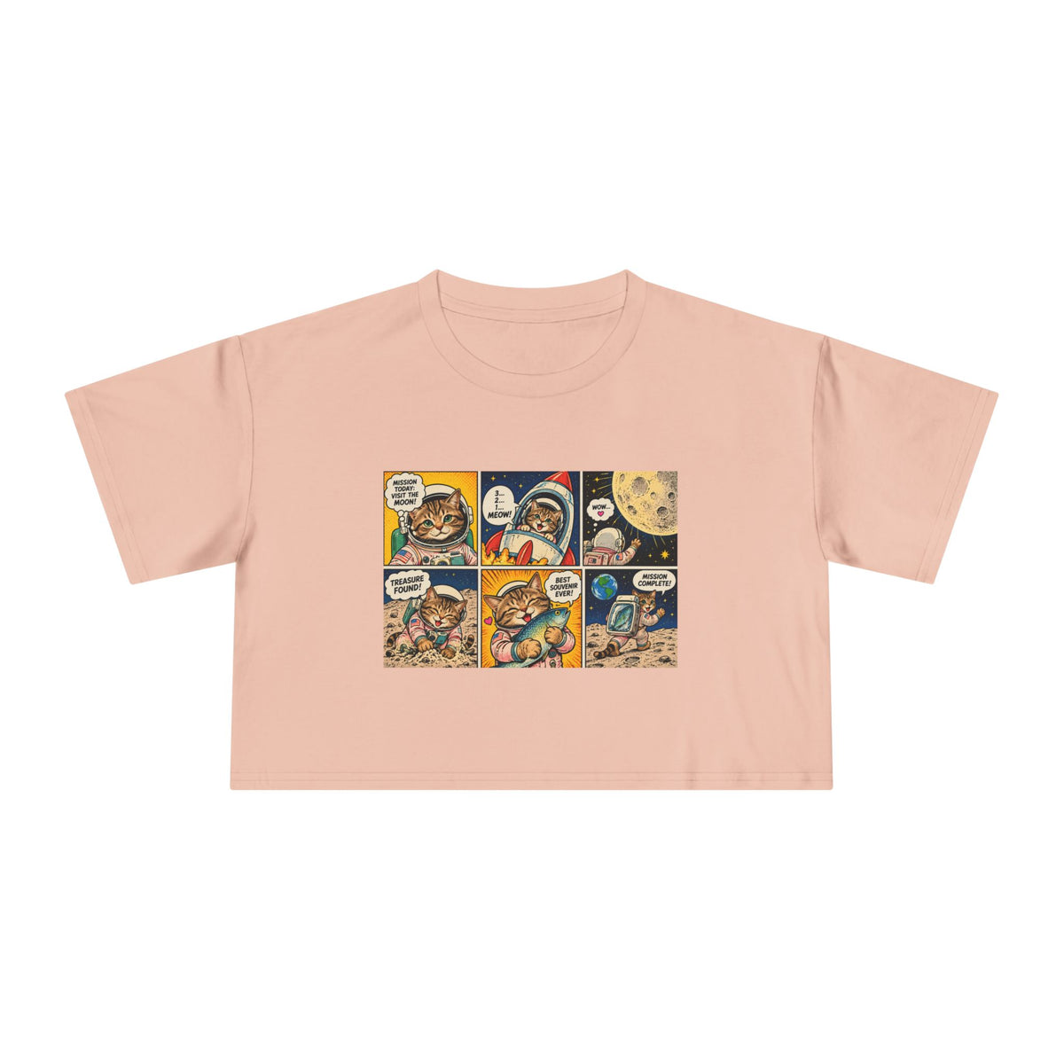 Astronaut Cat Comic Crop Tee, Space Cat Moon Mission Fish Funny Comic Strip Women's Cropped T-Shirt