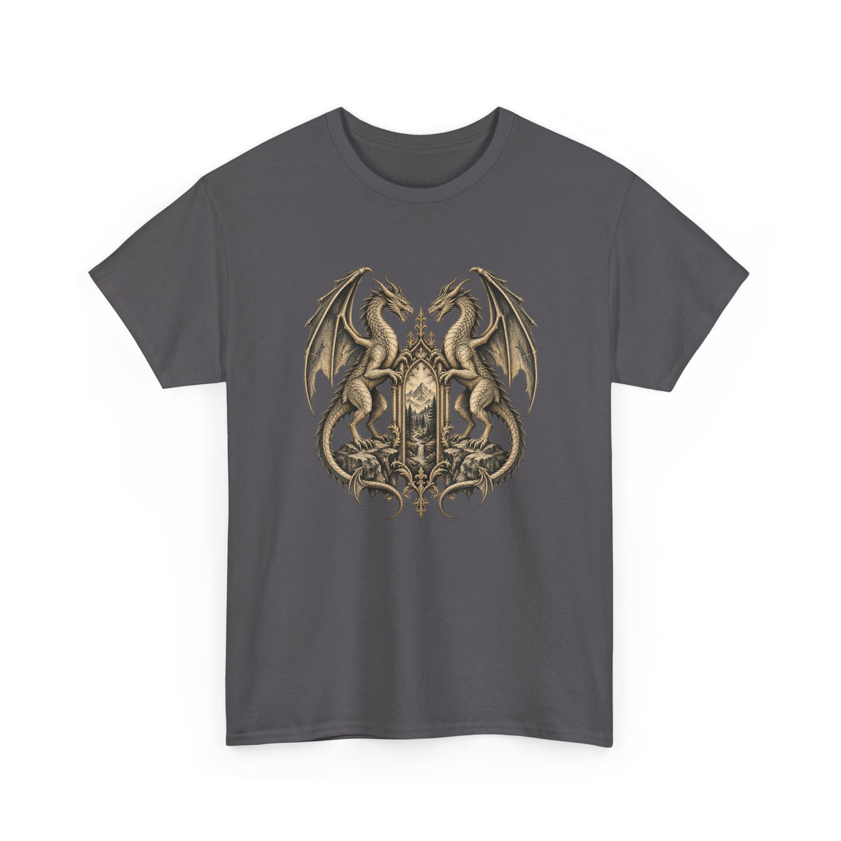 Twin Dragons Gate T-Shirt Fantasy Mountain Portal Dragon Tee