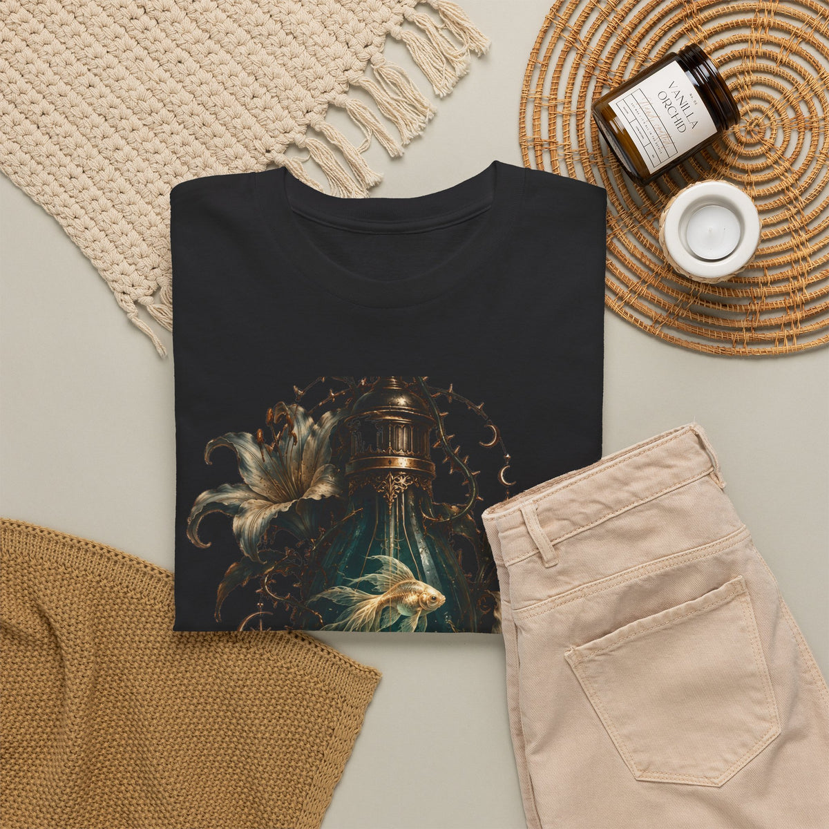 Gothic Lantern Goldfish T-Shirt, Dark Fantasy Glowing Lantern Graphic Tee