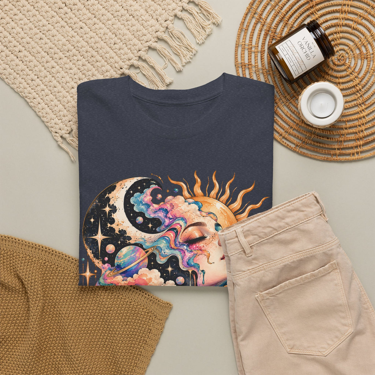 Celestial Sun and Moon Woman T-Shirt, Pastel Cloud Hair Melting Drip Planets Stars Graphic Tee Unisex