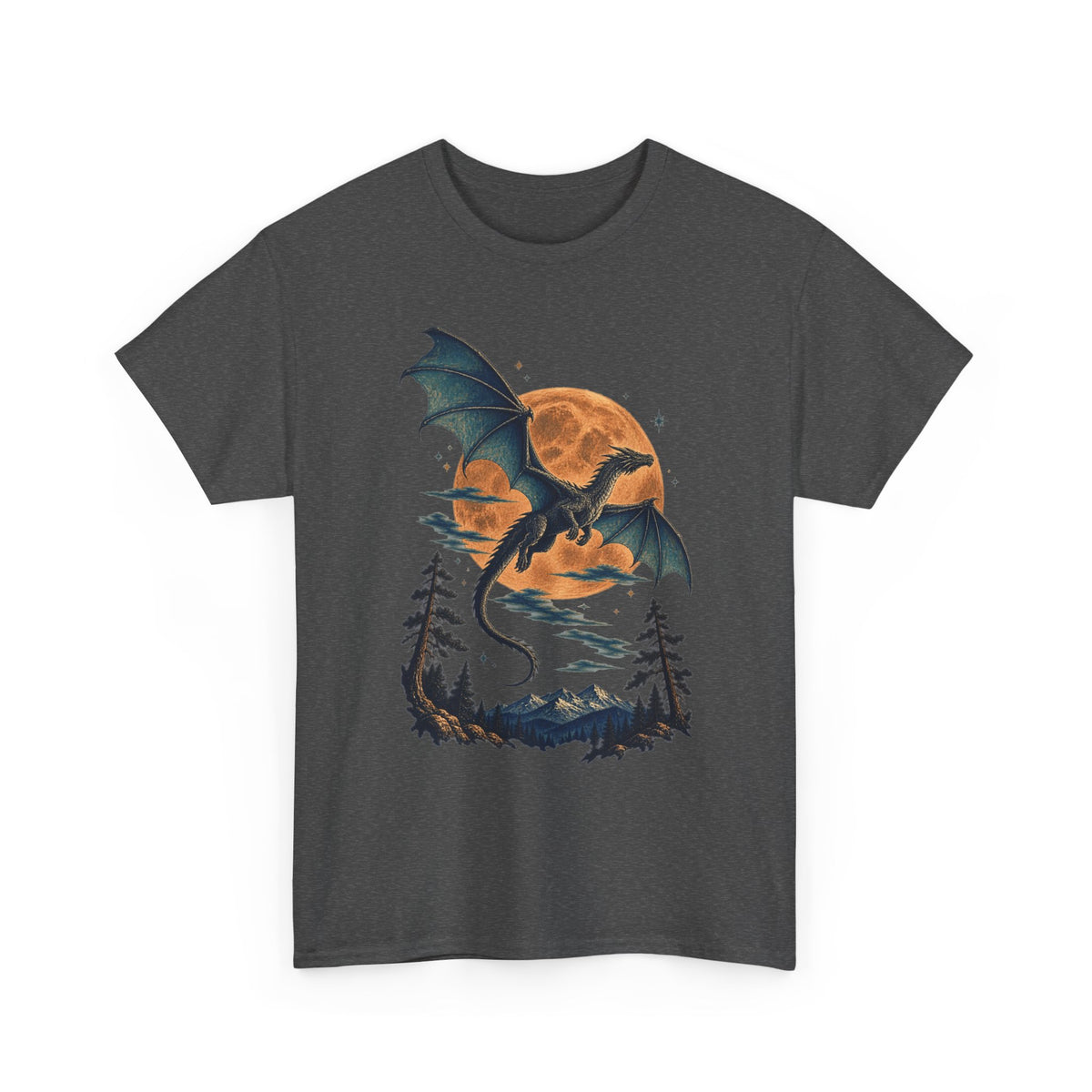 Dragon Full Moon Pine Forest T-Shirt Woodcut Fantasy Dragon Orange Moon Mountains Tee
