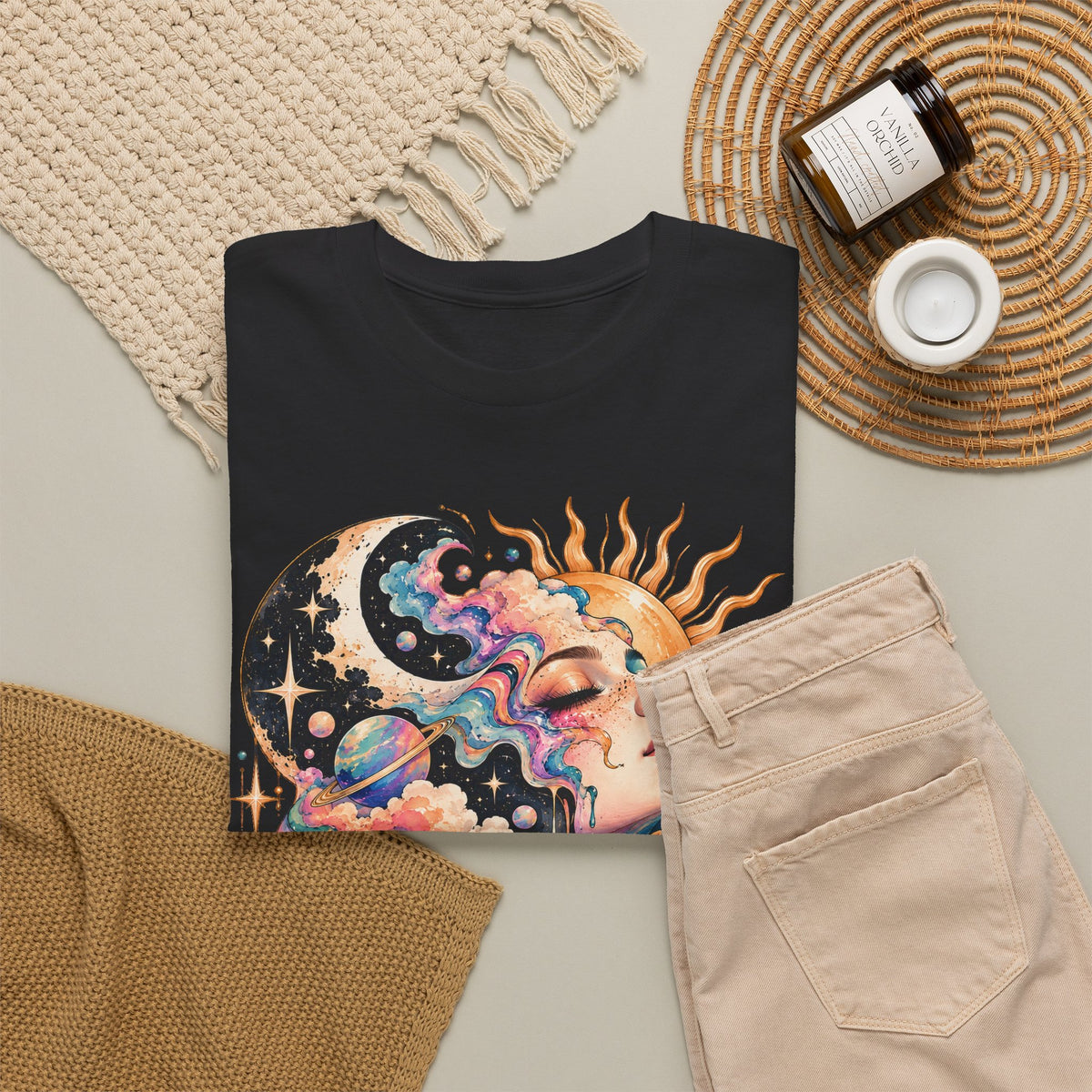 Celestial Sun and Moon Woman T-Shirt, Pastel Cloud Hair Melting Drip Planets Stars Graphic Tee Unisex