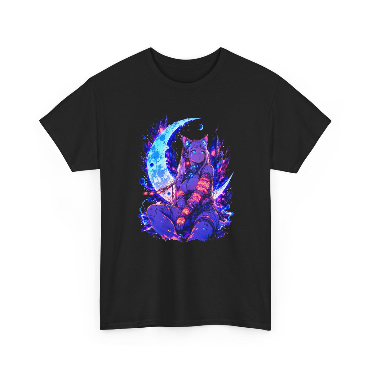 Neon Cyberpunk Cat Girl T-Shirt Blue Crescent Moon Anime Cat Ears Glow Art