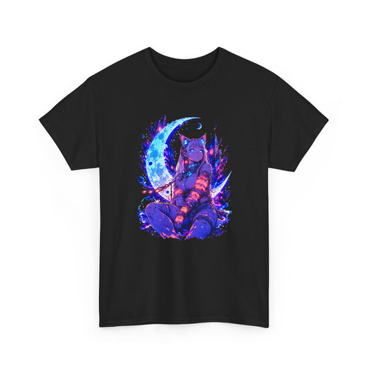 Neon Cyberpunk Cat Girl T-Shirt Blue Crescent Moon Anime Cat Ears Glow Art