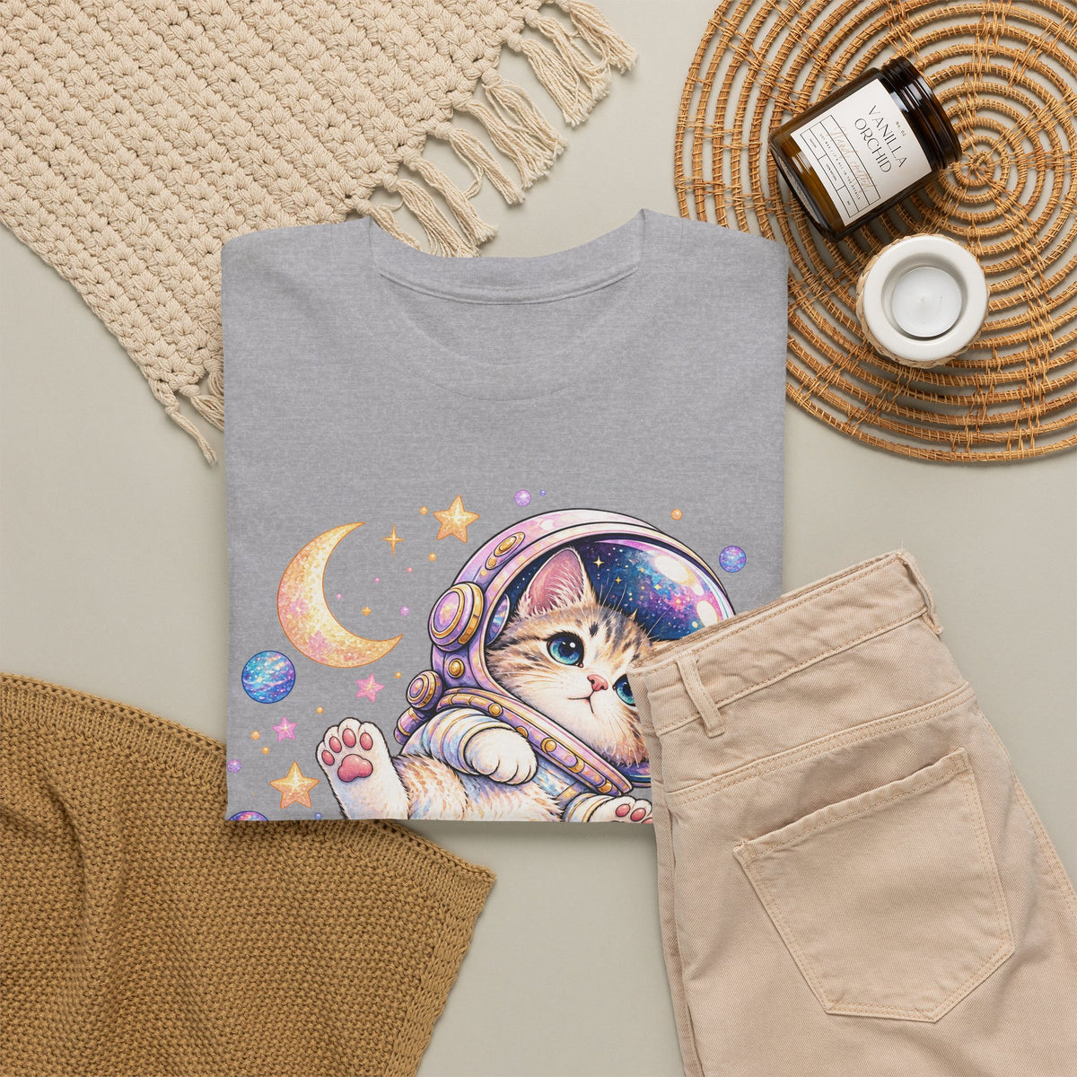 Astronaut Kitten T-Shirt, Cute Pastel Space Cat Helmet Moon Planets Stars Graphic Tee Unisex