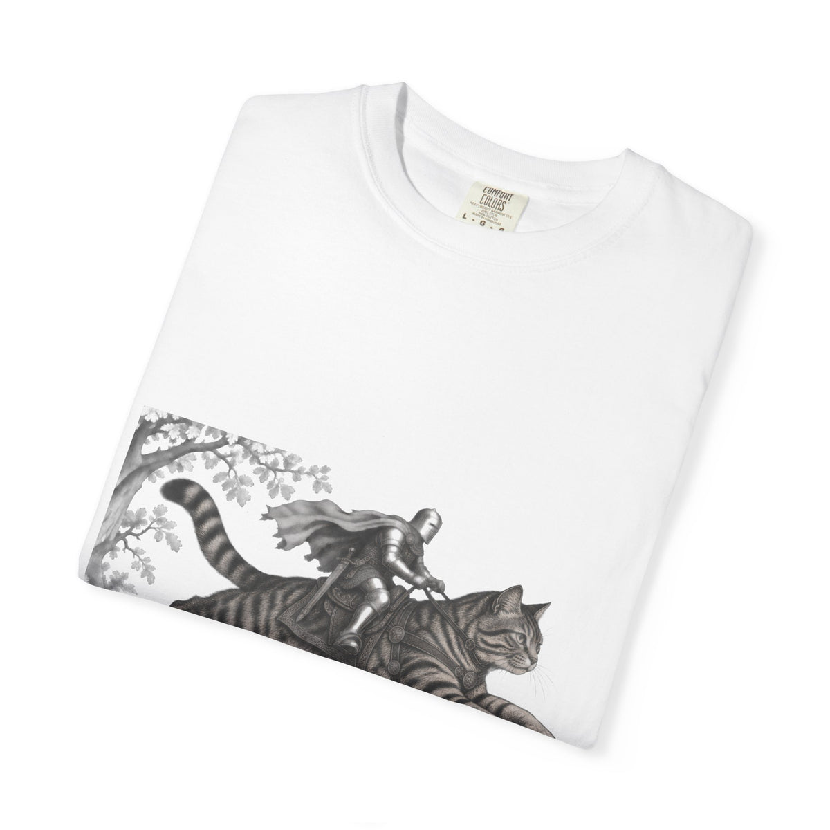 Medieval Knight Riding Leaping Tabby Cat Tee Dark Fantasy Moonlit Cat Shirt