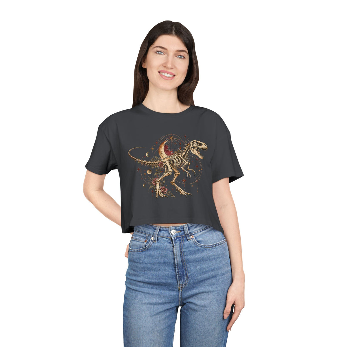 Celestial T-Rex Skeleton Crop Tee, Dark Academia Moon Stars Floral Dinosaur Women's Cropped T-Shirt