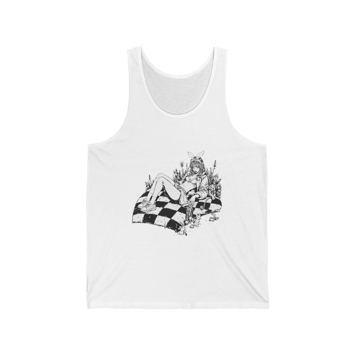 Bunny Girl Chessboard Line Art Graphic Tank Top Unisex Jersey Tank