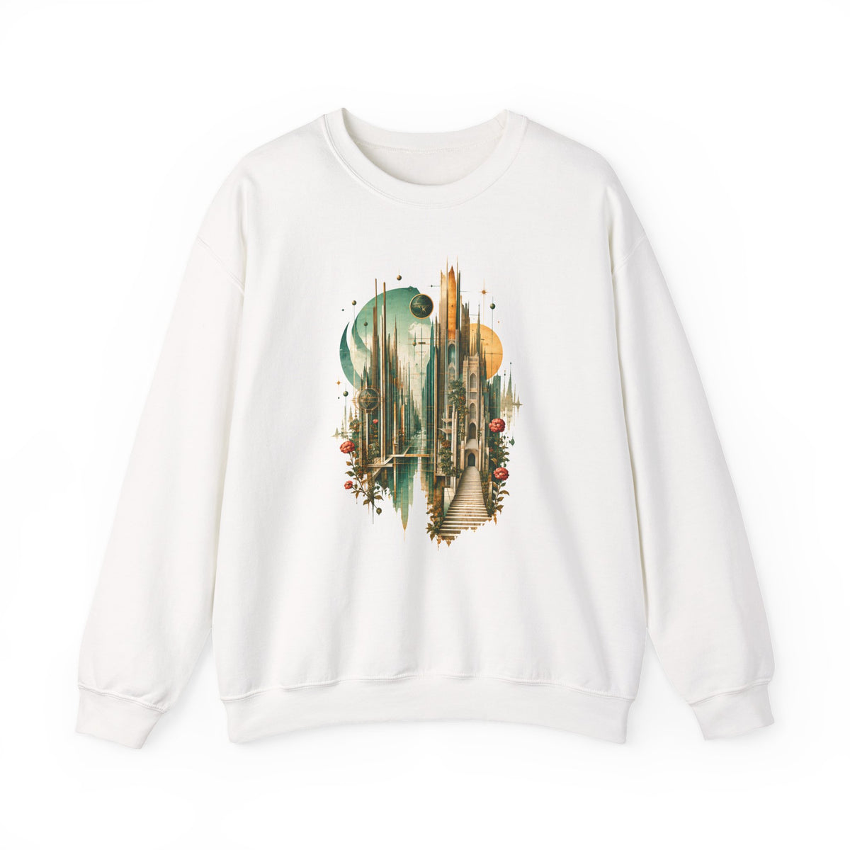 Art Deco Emerald City Crewneck Sweatshirt Gold Fantasy Skyline Roses Stairway Art