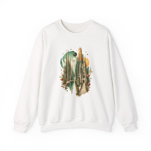 Art Deco Emerald City Crewneck Sweatshirt Gold Fantasy Skyline Roses Stairway Art