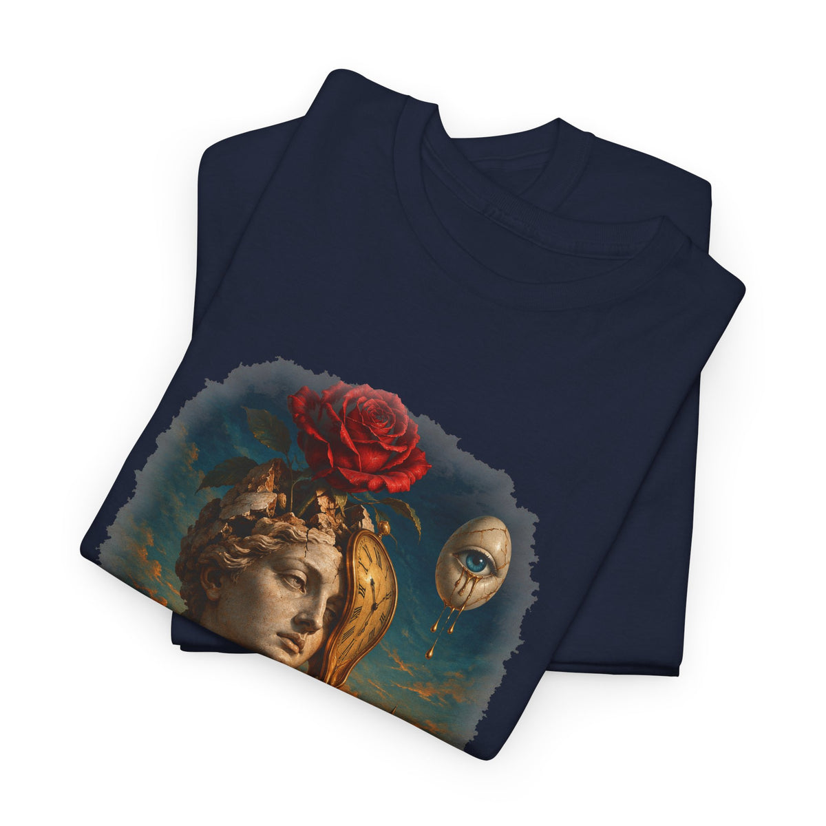 Surreal Rose Bust Melting Clock T-Shirt Dalí Style Desert Dream Tee