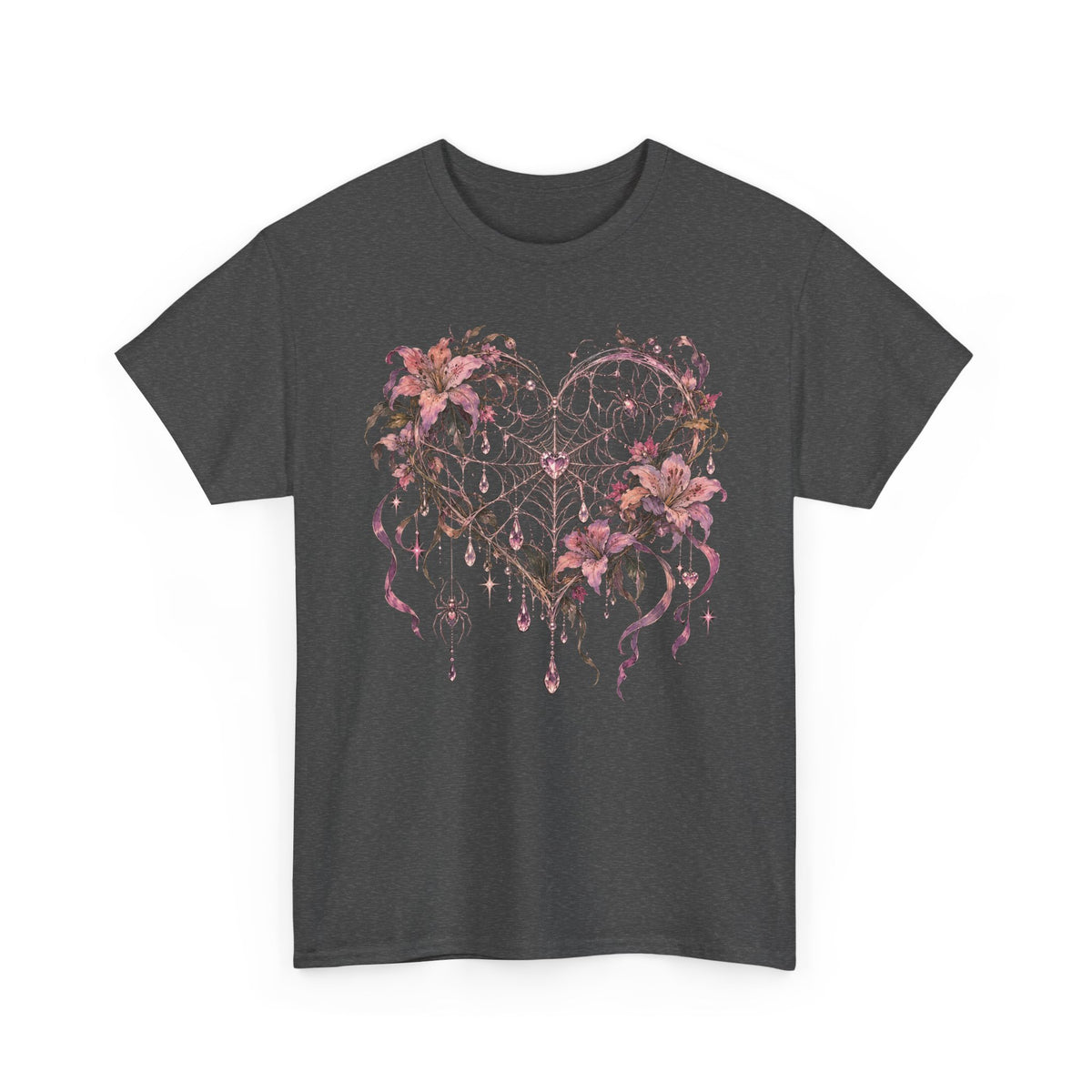 Gothic Spiderweb Heart T-Shirt Pink Lilies Crystal Pastel Goth Graphic Tee