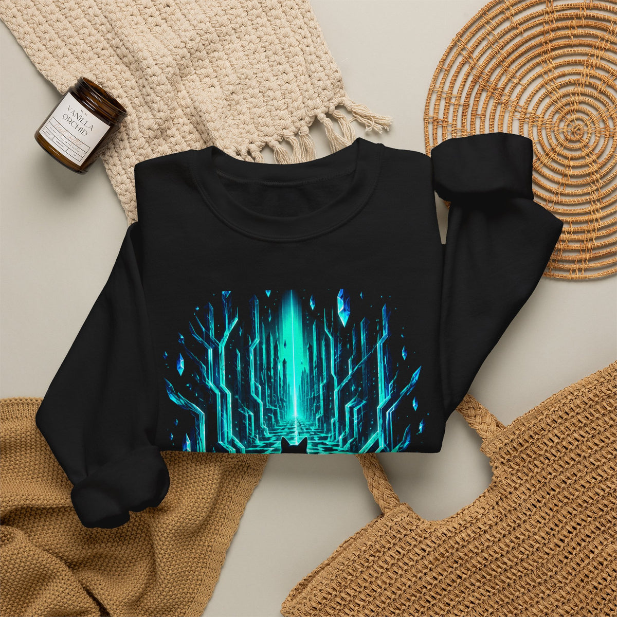 Glowing Crystal Maze Cat Sweatshirt Black Cat Neon Teal Labyrinth Fantasy Crewneck