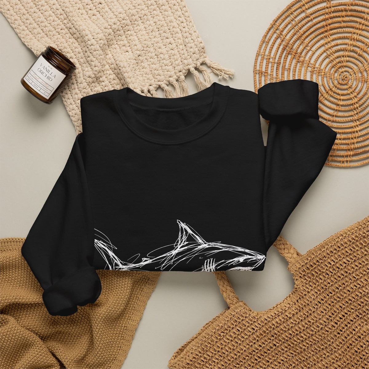 Sketchy White Shark on Black Sweatshirt Minimal Ocean Line Art