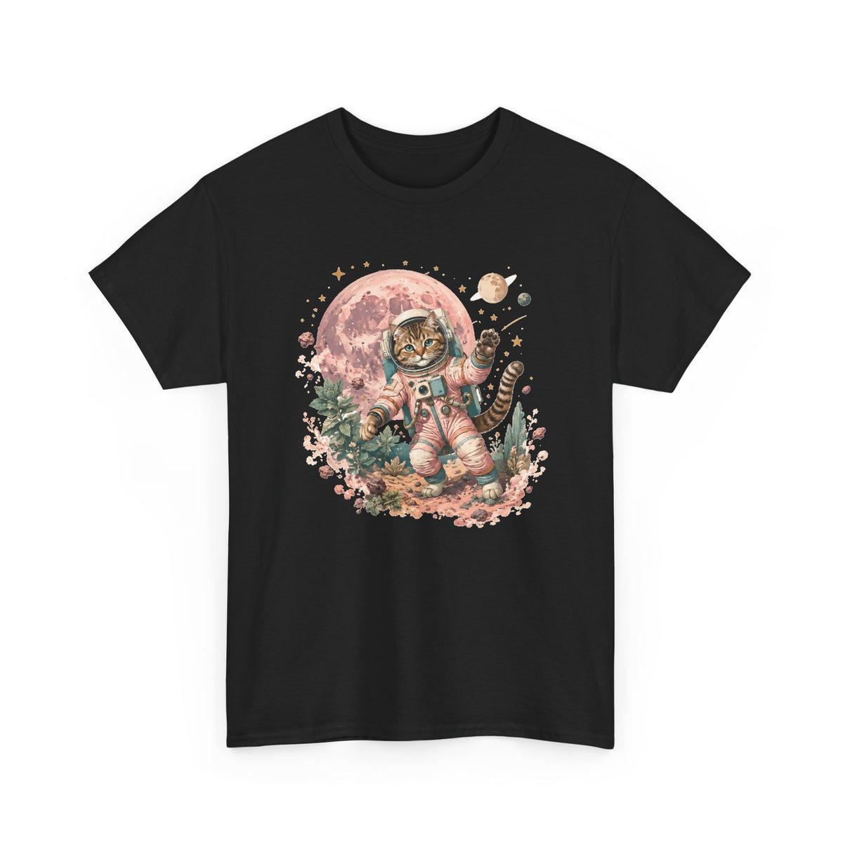 Tabby Cat Astronaut T-Shirt Pastel Pink Moon Space Cat Waving Tee