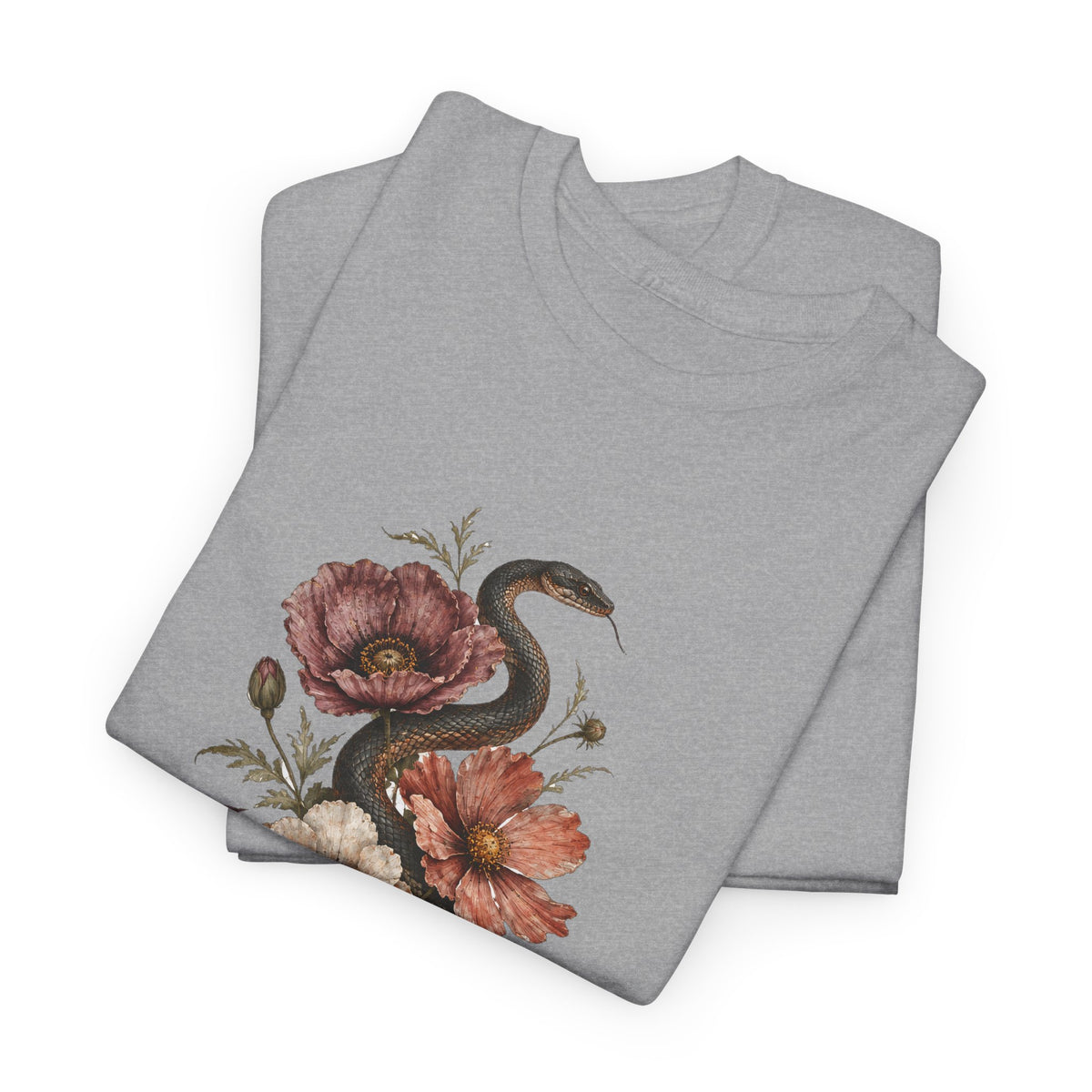 Snake and Poppies T-Shirt Vintage Botanical Serpent Flower Tattoo Style Tee