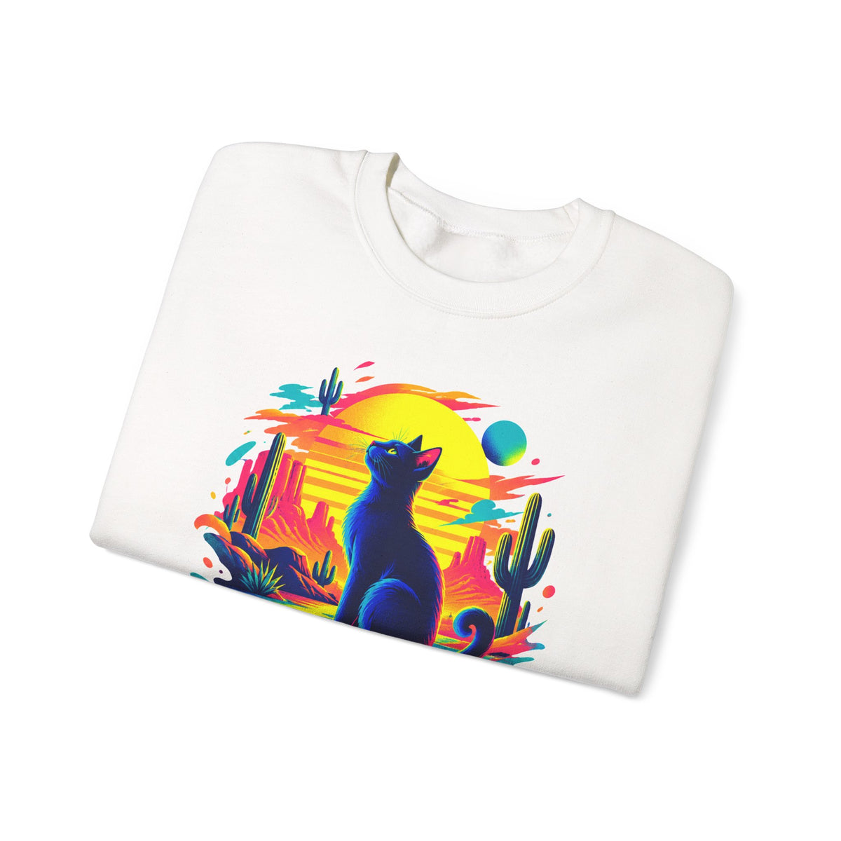 Neon Desert Black Cat Sweatshirt Synthwave Sunset Cactus Oasis Cat Lover Crewneck