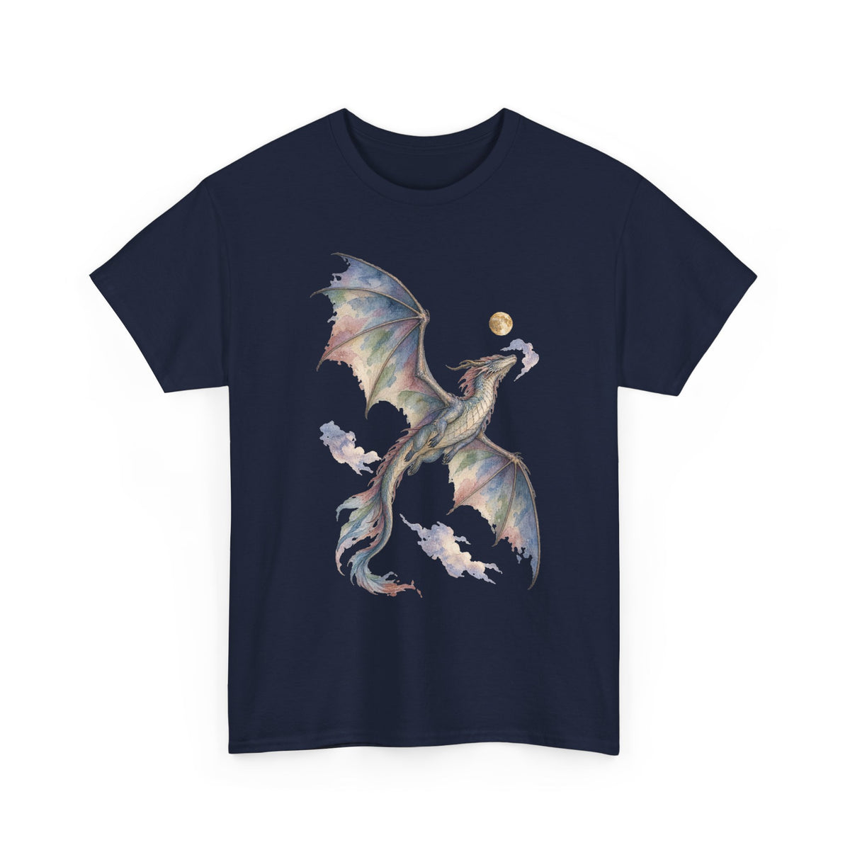 Watercolor Celestial Dragon Moon T-Shirt Fantasy Dragon Full Moon Clouds Dark Tee