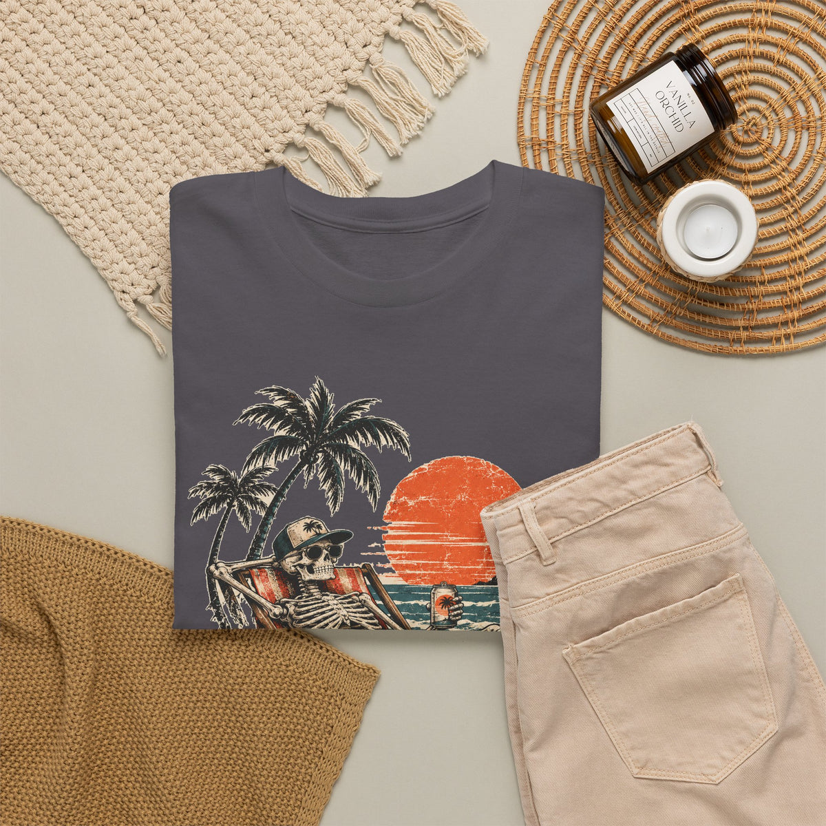 Beach Skeleton Sunset T-Shirt Palm Trees Vacation Mode Funny Skeleton Graphic Tee