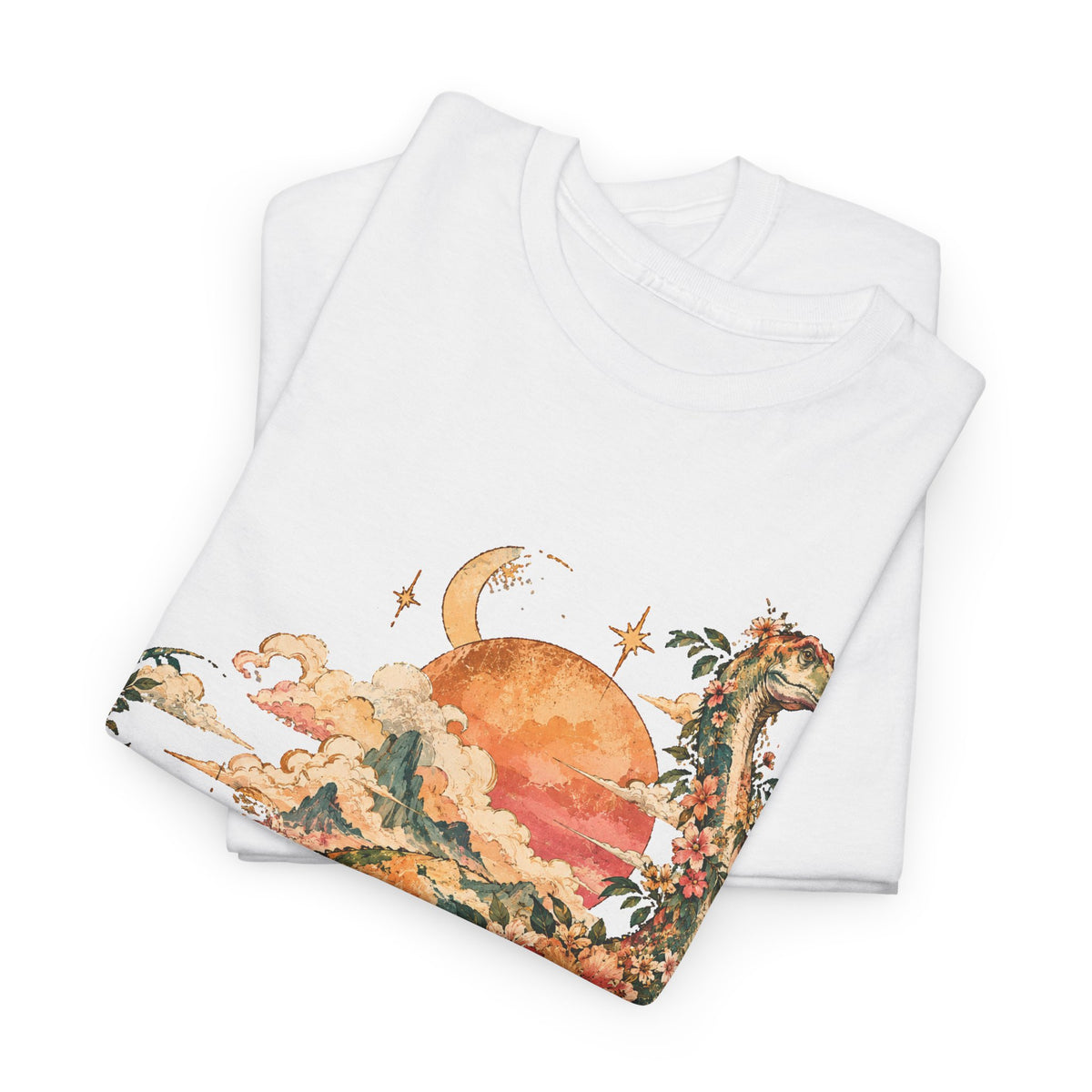 Floral Dinosaur T-Shirt, Vintage Brontosaurus Sunset Mountains Graphic Tee Unisex Nature Shirt