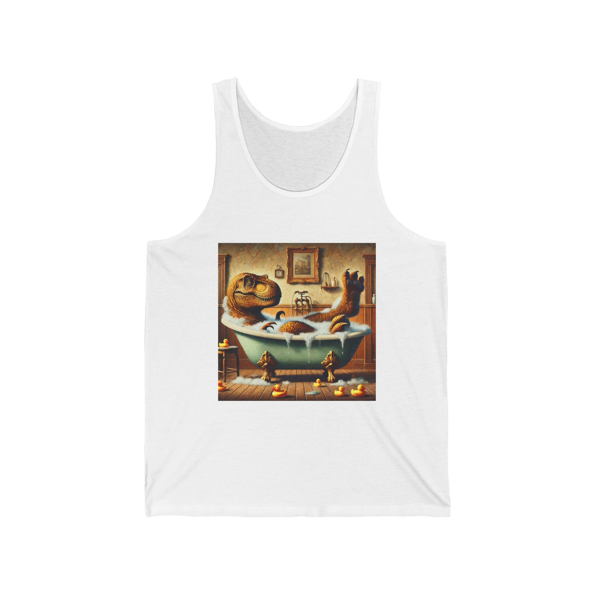 Funny T-Rex in Bubble Bath Graphic Tank Top Unisex Jersey Tank