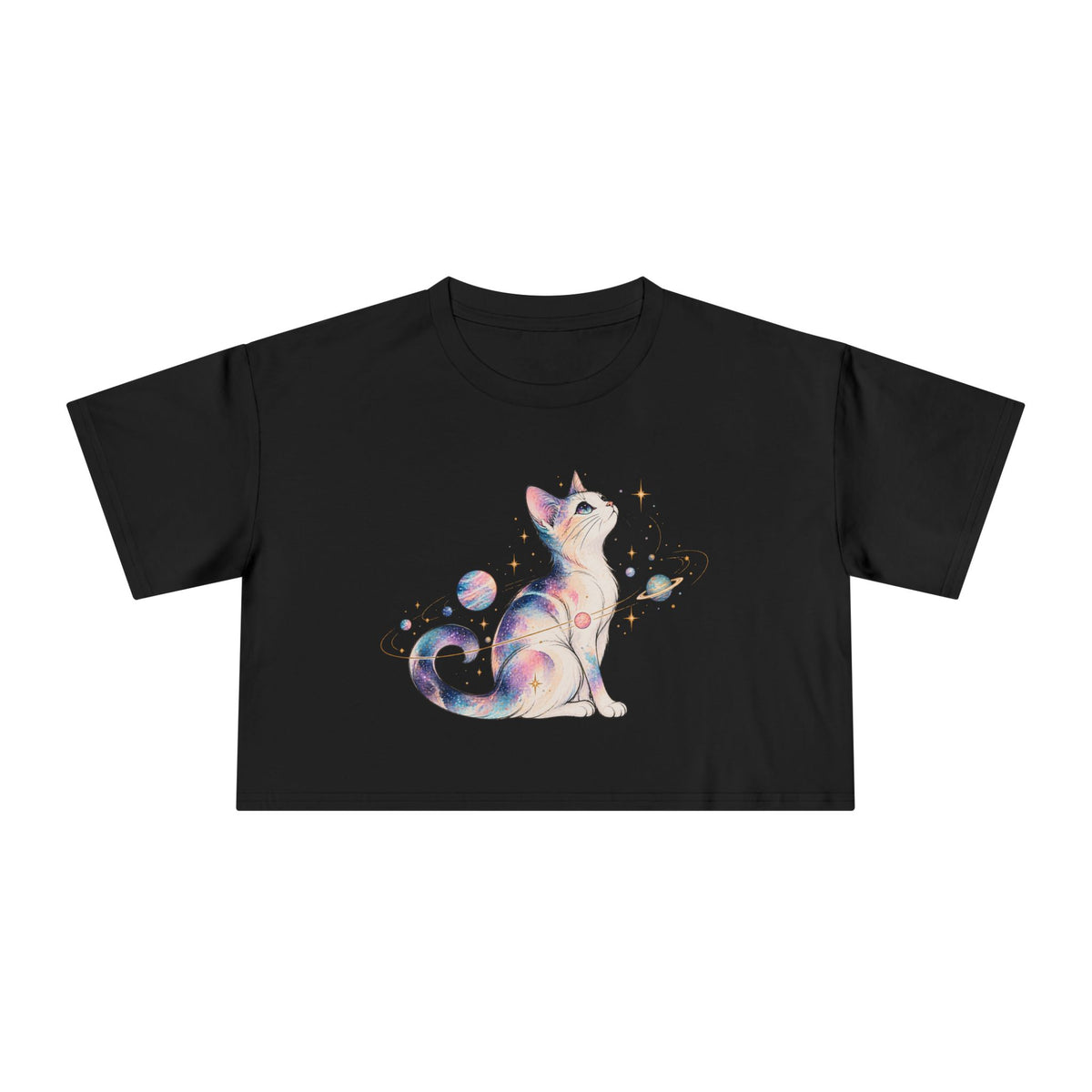 Cosmic Galaxy Cat Crop Tee, Pastel Watercolor Cat Planets Gold Stars Celestial Women's Cropped T-Shirt