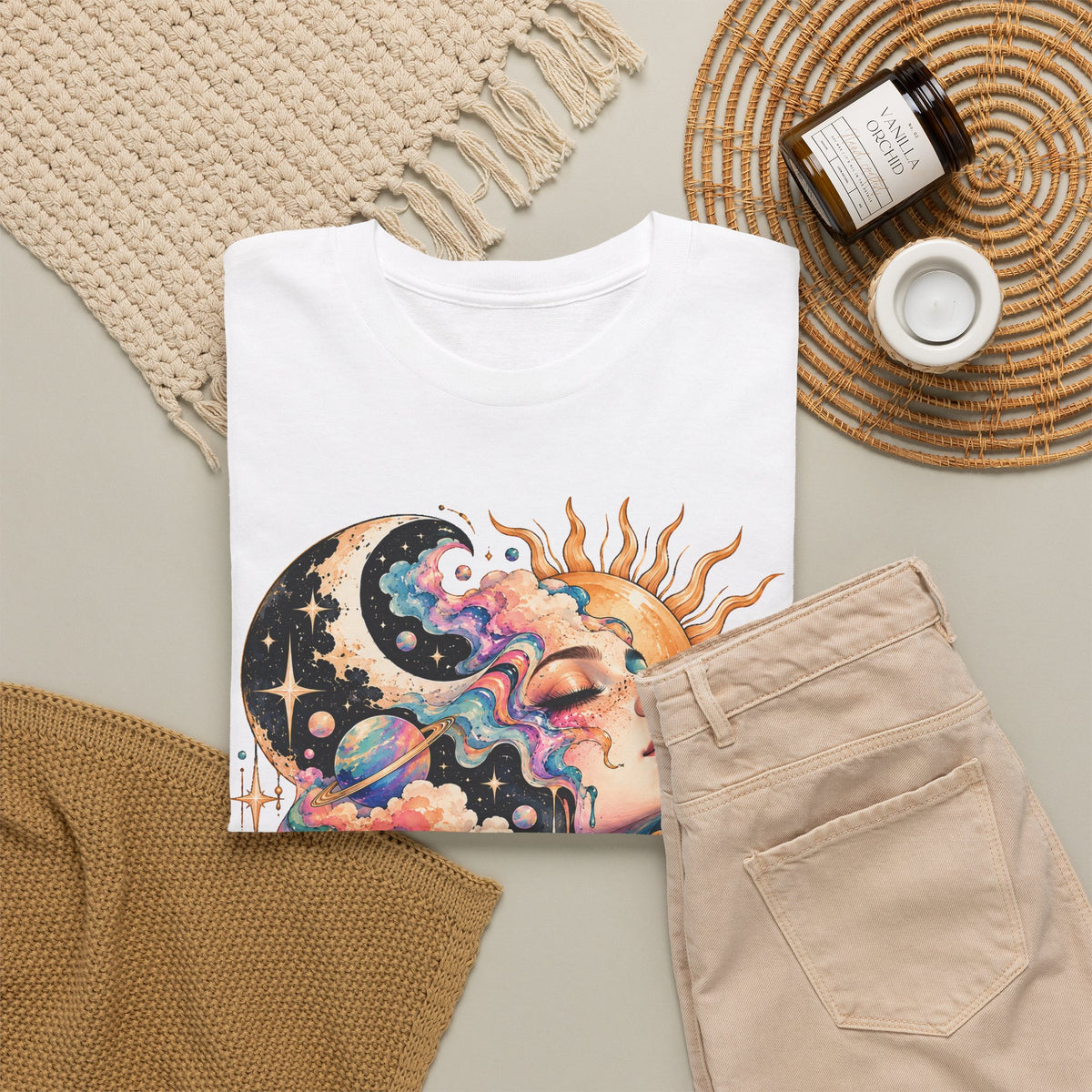 Celestial Sun and Moon Woman T-Shirt, Pastel Cloud Hair Melting Drip Planets Stars Graphic Tee Unisex