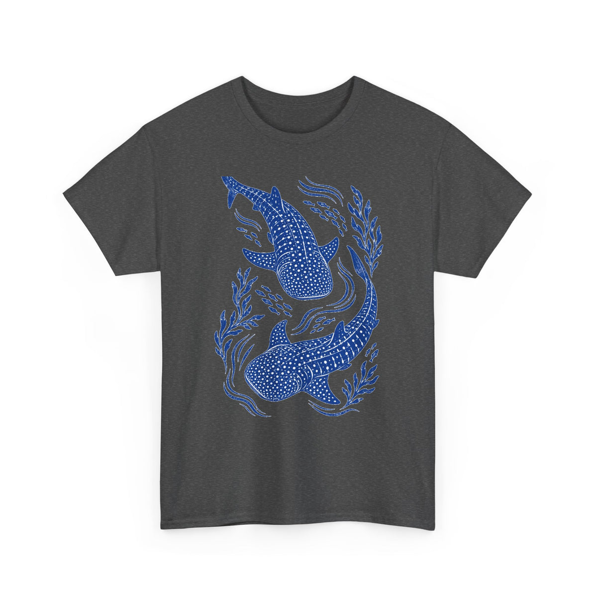 Whale Shark Linocut T-Shirt Blue Block Print Ocean Seaweed Fish Tee