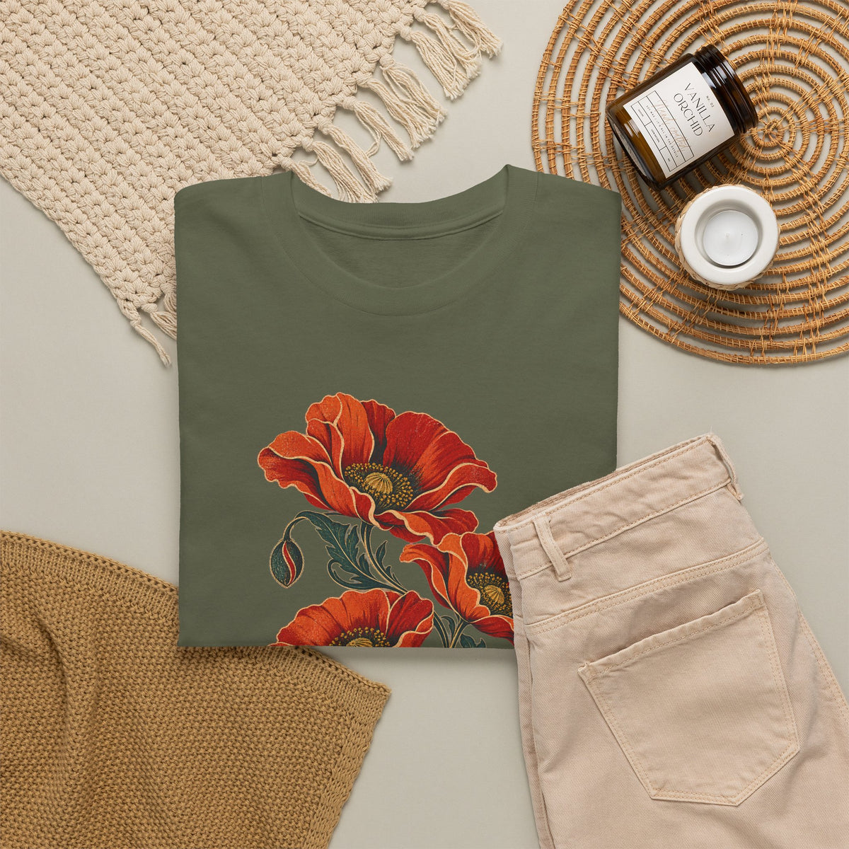 Orange Poppies Botanical T-Shirt Gold Outline Vintage Floral Tee
