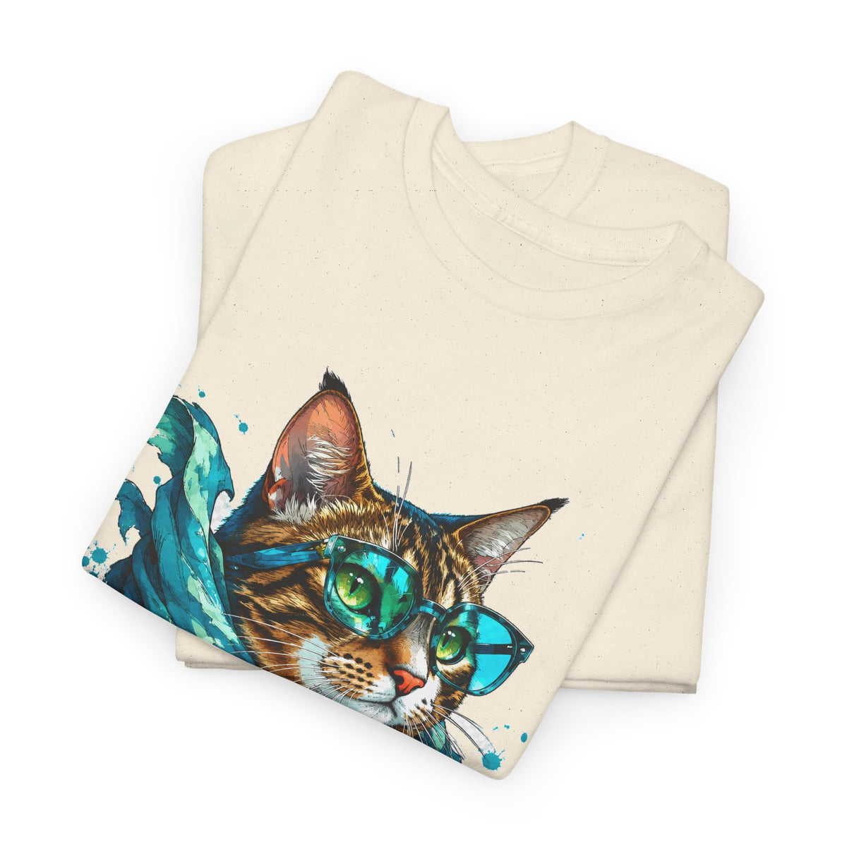 Tabby Cat in Glasses and Scarf T-Shirt Cool Hipster Cat Teal Splash Art