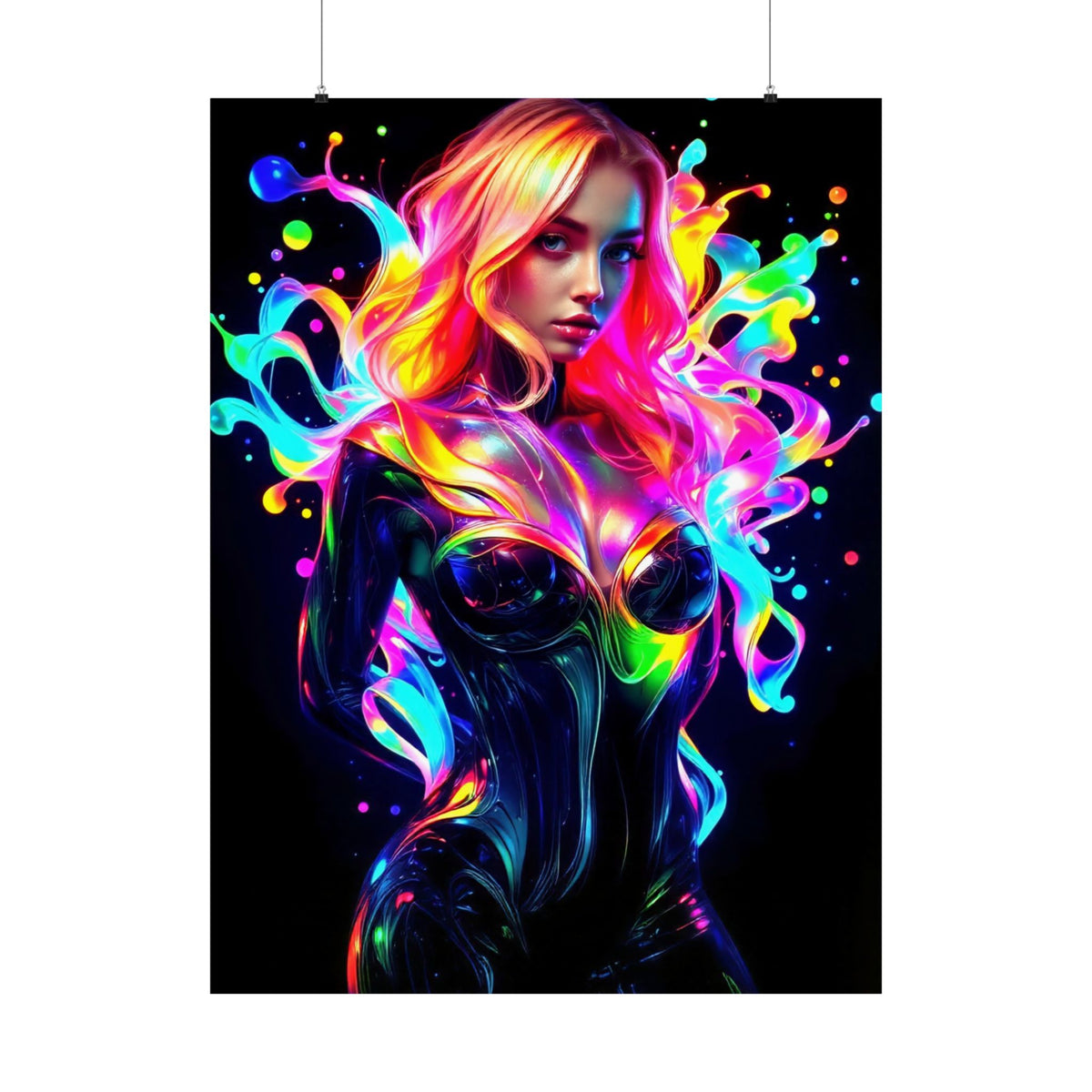 Neon Splash Rainbow Hair Woman Poster Matte Vertical Wall Art