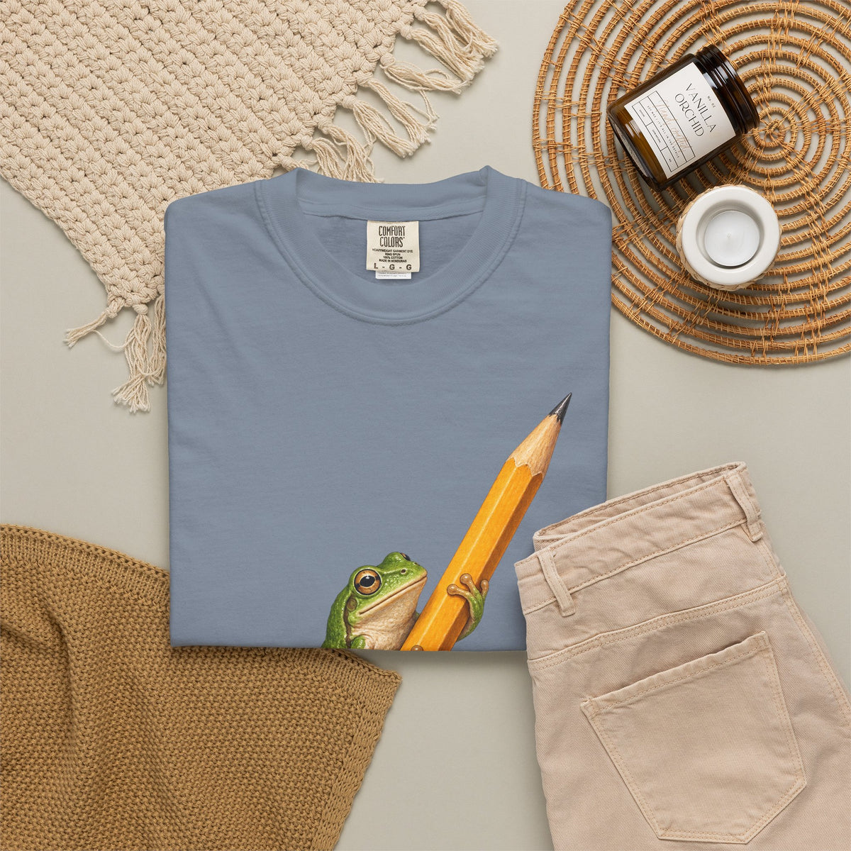 Green Tree Frog on Yellow Pencil Tee Cute Frog Pencil Macro Wildlife Shirt