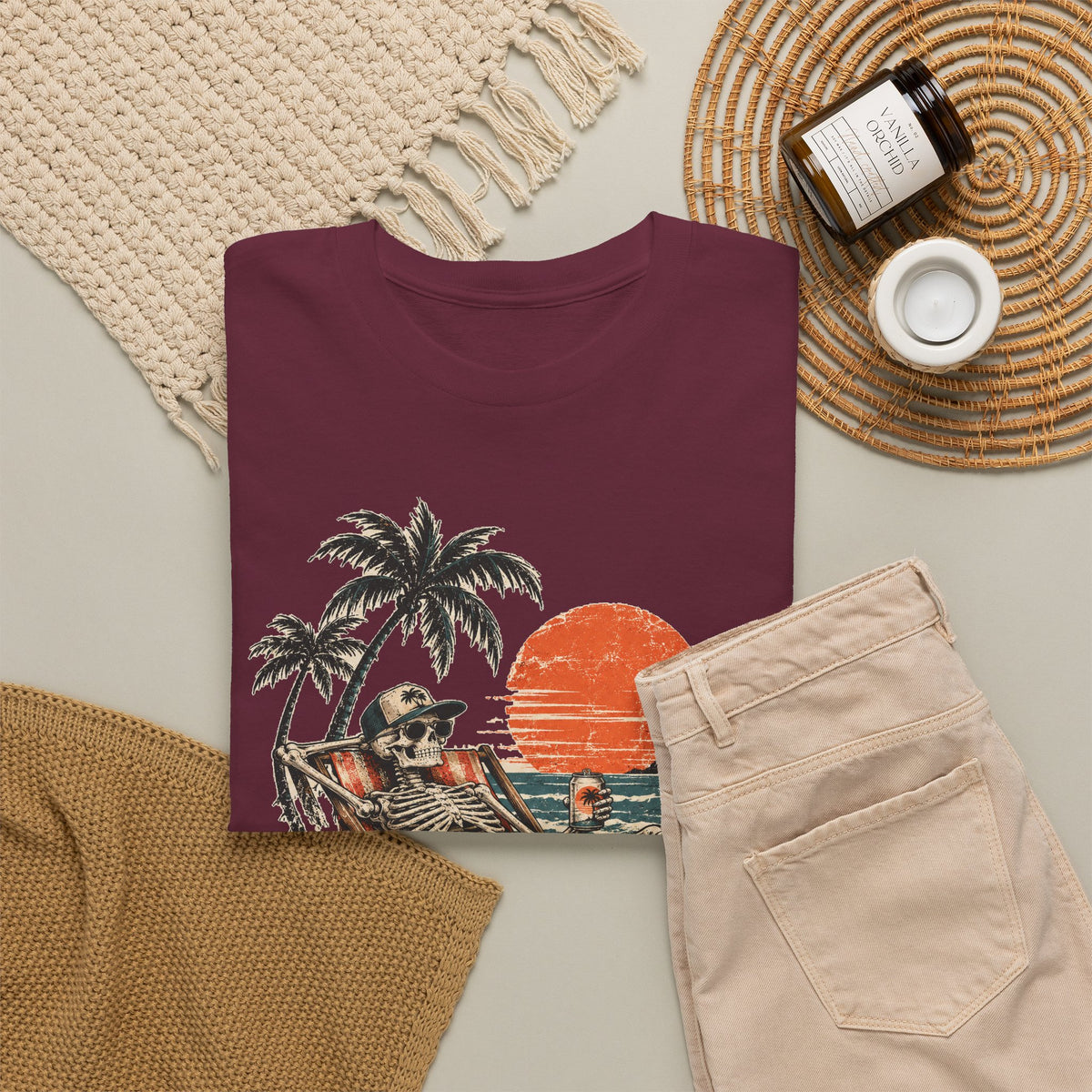 Beach Skeleton Sunset T-Shirt Palm Trees Vacation Mode Funny Skeleton Graphic Tee