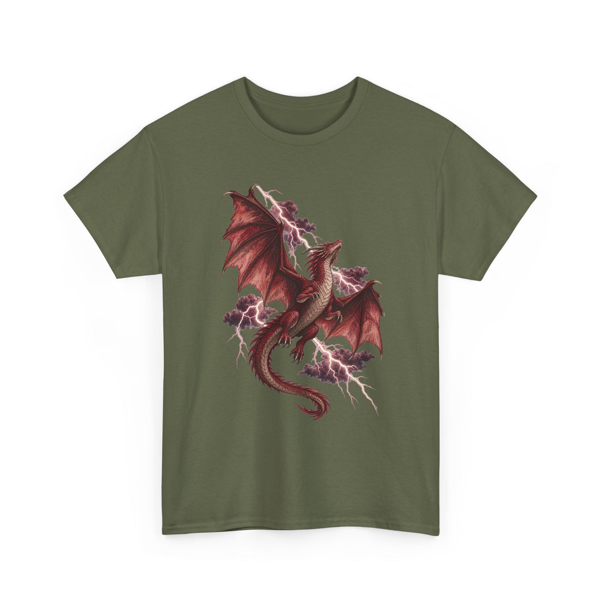 Red Lightning Storm Dragon T-Shirt Crimson Dragon Pink Lightning Purple Storm Clouds Fantasy Tee